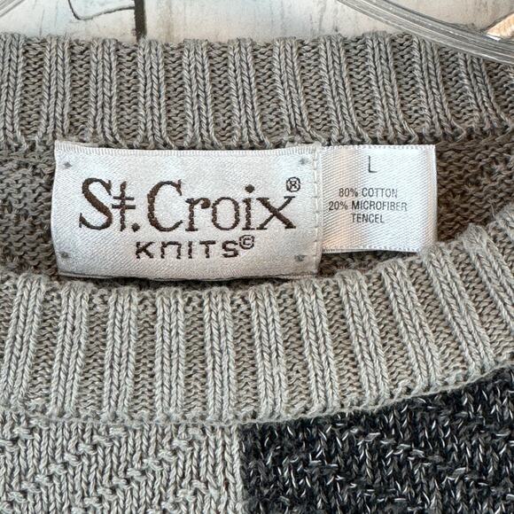 VTG St. Croix Knits Taupe/Black/Red Abstract Grandpa Crewneck Sweater Size Large - Picture 5 of 13